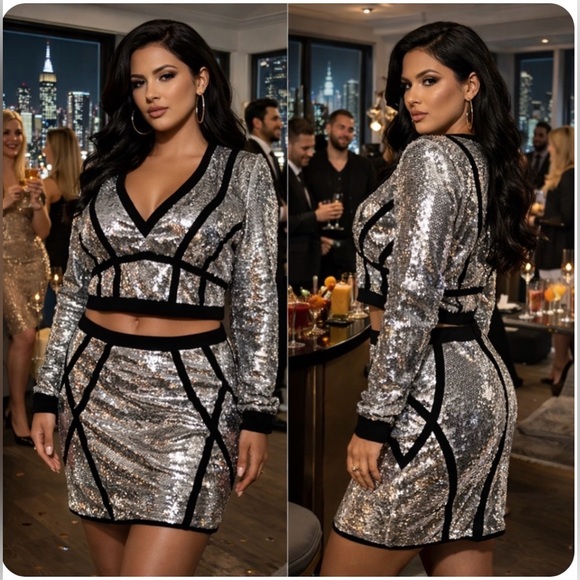 WOW couture Pants - Silver Sequined 2 Piece Skirt Cropped Jacket